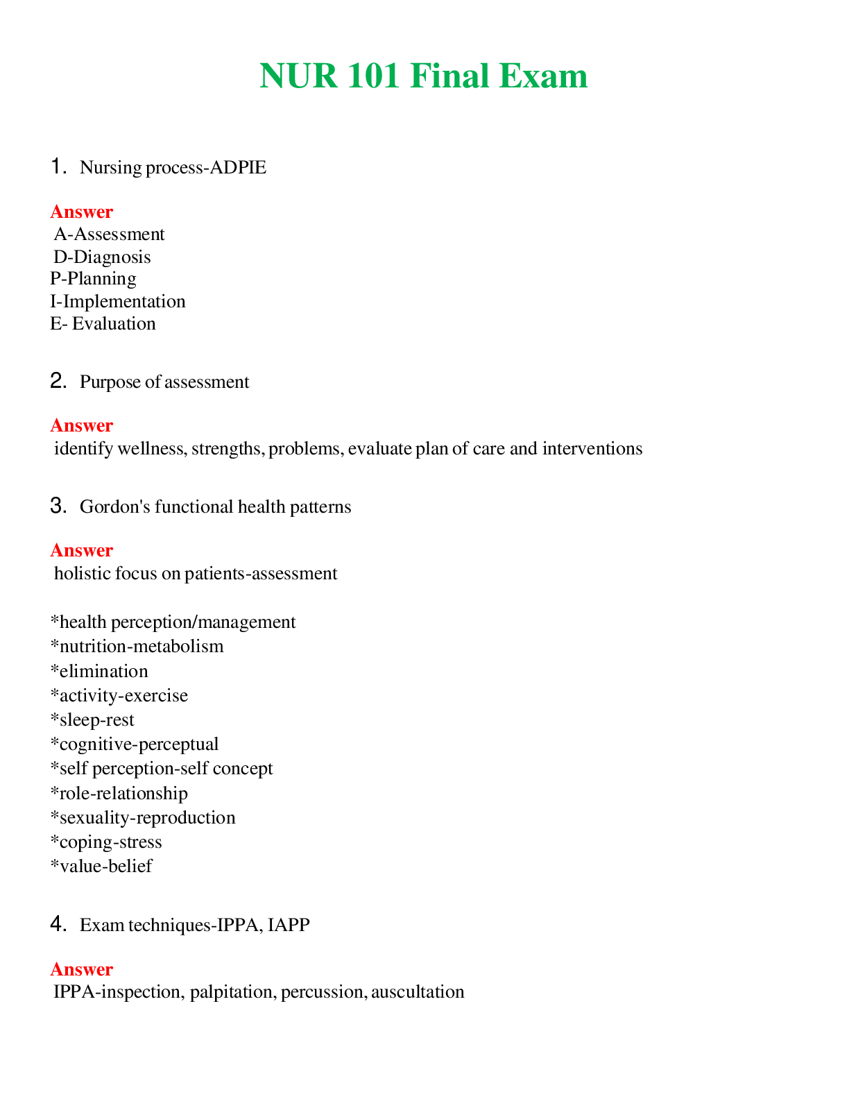 NUR 101   FINAL EXAM | A SOLVED 100% CORRECT