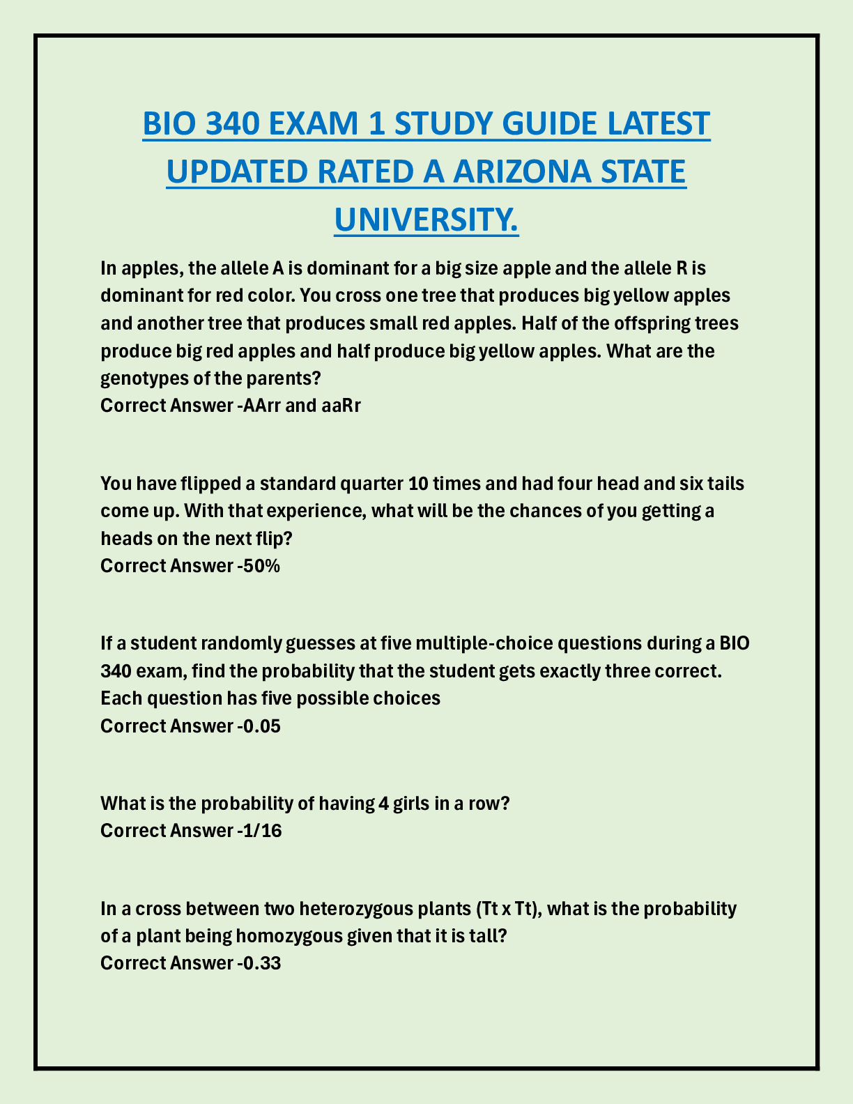 Preview of BIO 340 EXAM 1 STUDY GUIDE LATEST  UPDATED RATED A ARIZONA STATE  UNIVERSITY.