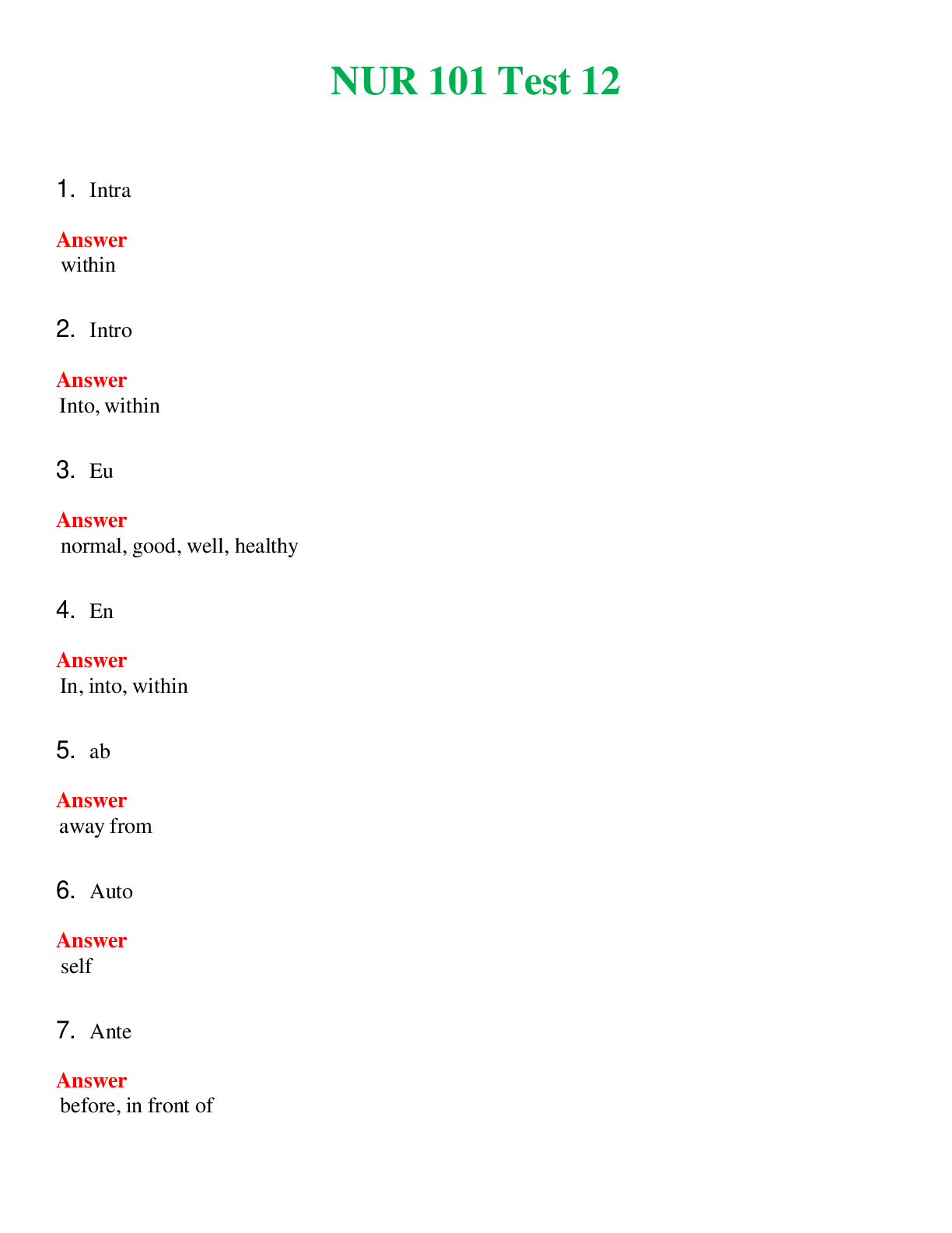 NUR 101   TEST 12 | QUESTIONS AND ANSWERS INCLUDED