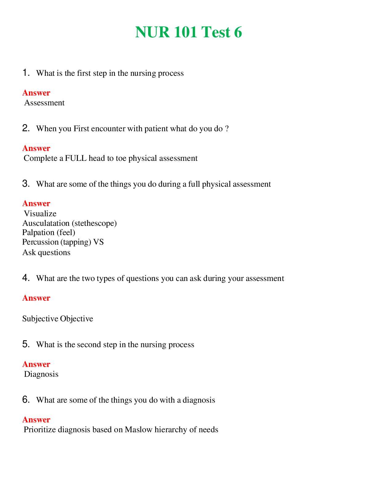 NUR 101   TEST 6 | QUESTIONS AND ANSWERS INCLUDED