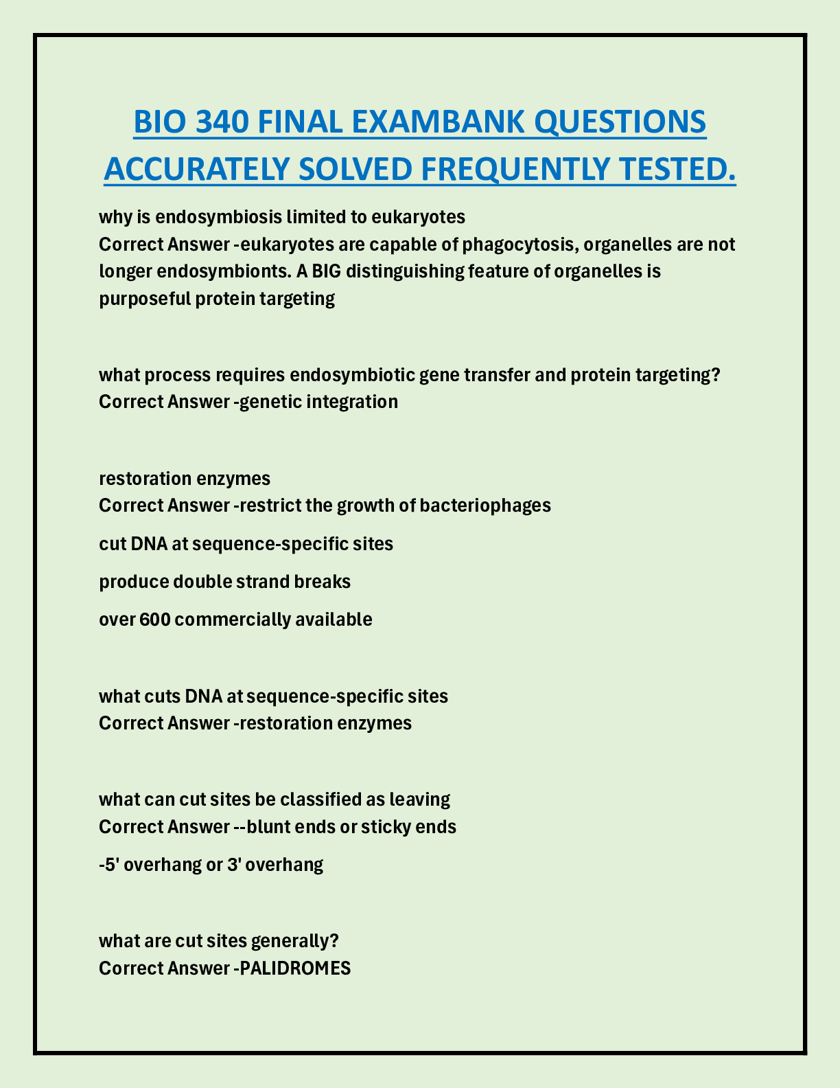 Preview of BIO 340 FINAL EXAMBANK QUESTIONS  ACCURATELY SOLVED FREQUENTLY TESTED.
