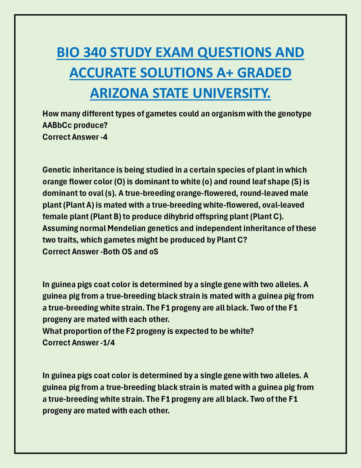 Preview image for BIO 340 STUDY EXAM QUESTIONS AND  ACCURATE SOLUTIONS A+ GRADED  ARIZONA STATE UNIVERSITY.