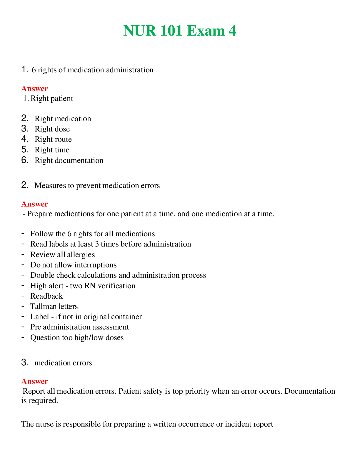 NUR 101   EXAM 4 | COMPLETE ANSWERS 100% CORRECT