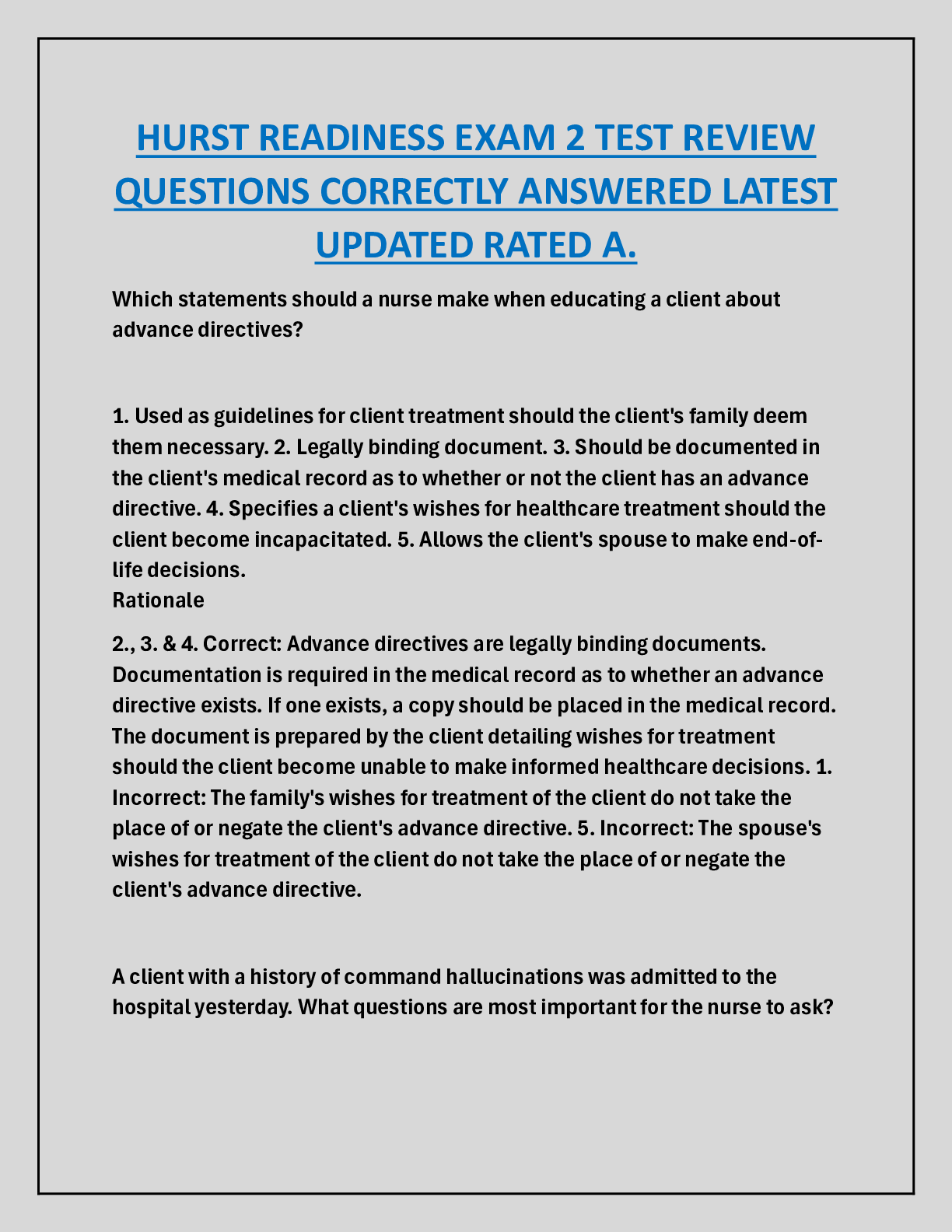 HURST READINESS EXAM 2 TEST REVIEW  QUESTIONS CORRECTLY ANSWERED LATEST  UPDATED RATED A.