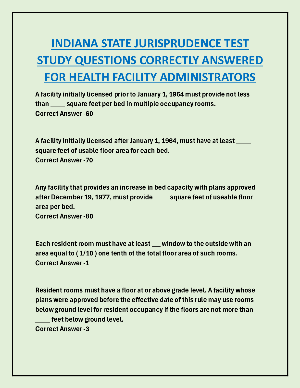 Preview image for INDIANA STATE JURISPRUDENCE TEST  STUDY QUESTIONS CORRECTLY ANSWERED FOR HEALTH FACILITY ADMINISTRATORS