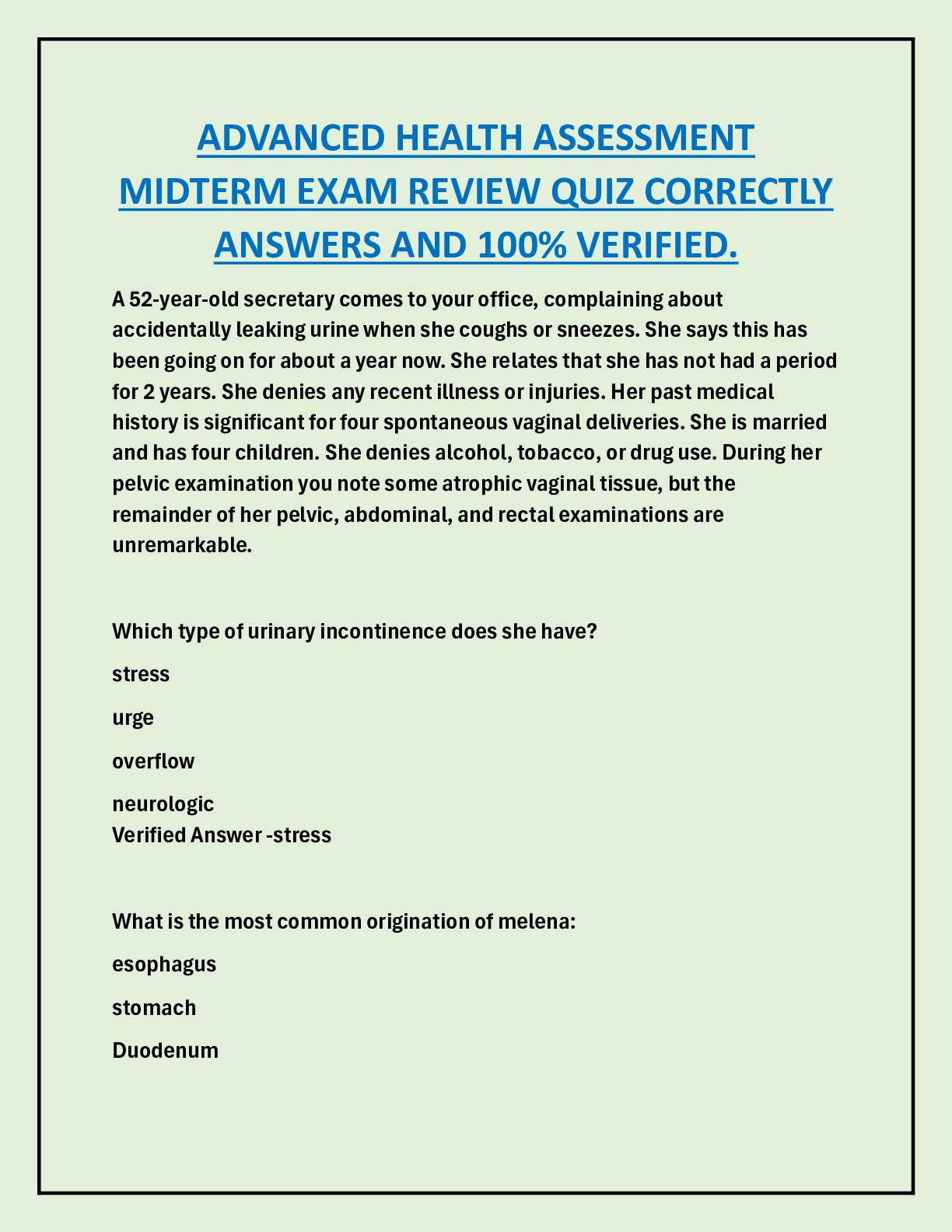 Preview image for ADVANCED HEALTH ASSESSMENT  MIDTERM EXAM REVIEW QUIZ CORRECTLY  ANSWERS AND 100% VERIFIED.