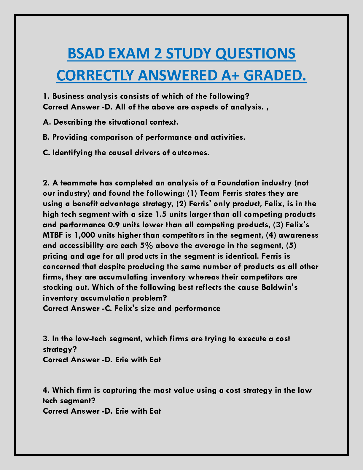 BSAD EXAM 2 STUDY QUESTIONS CORRECTLY ANSWERED A+ GRADED.