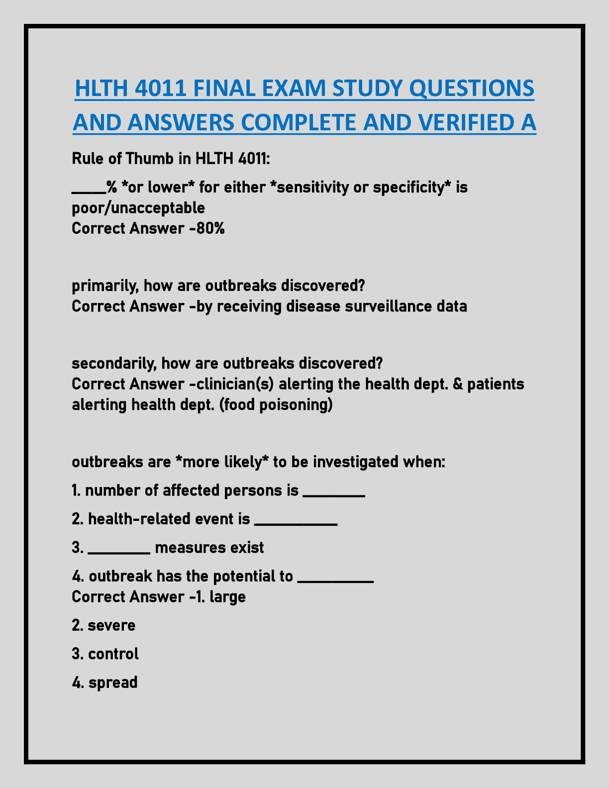 HLTH 4011 FINAL EXAM STUDY QUESTIONS  AND ANSWERS COMPLETE AND VERIFIED A