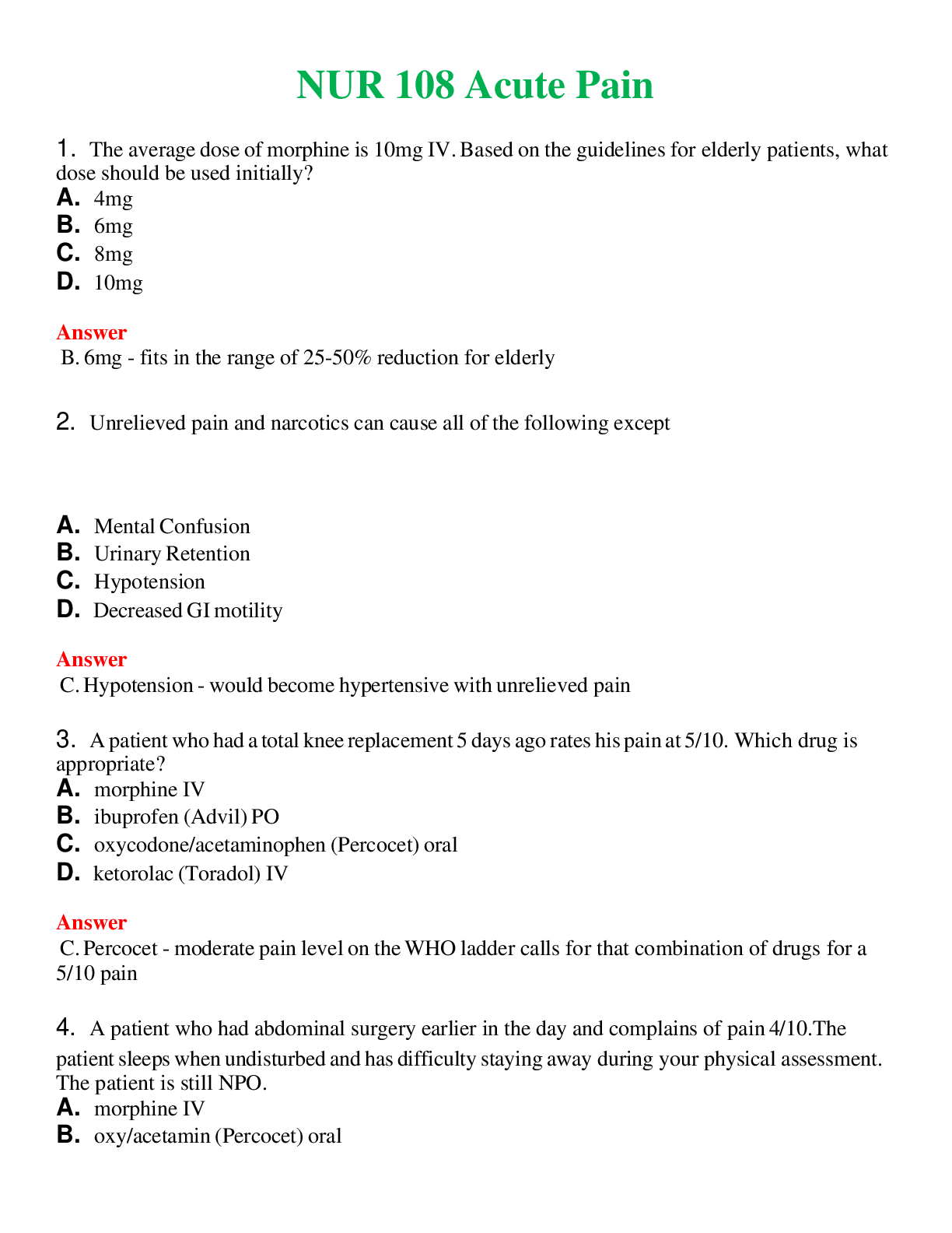 NUR 108   ACUTE PAIN | QUESTIONS & ANSWERS (SOLVED)