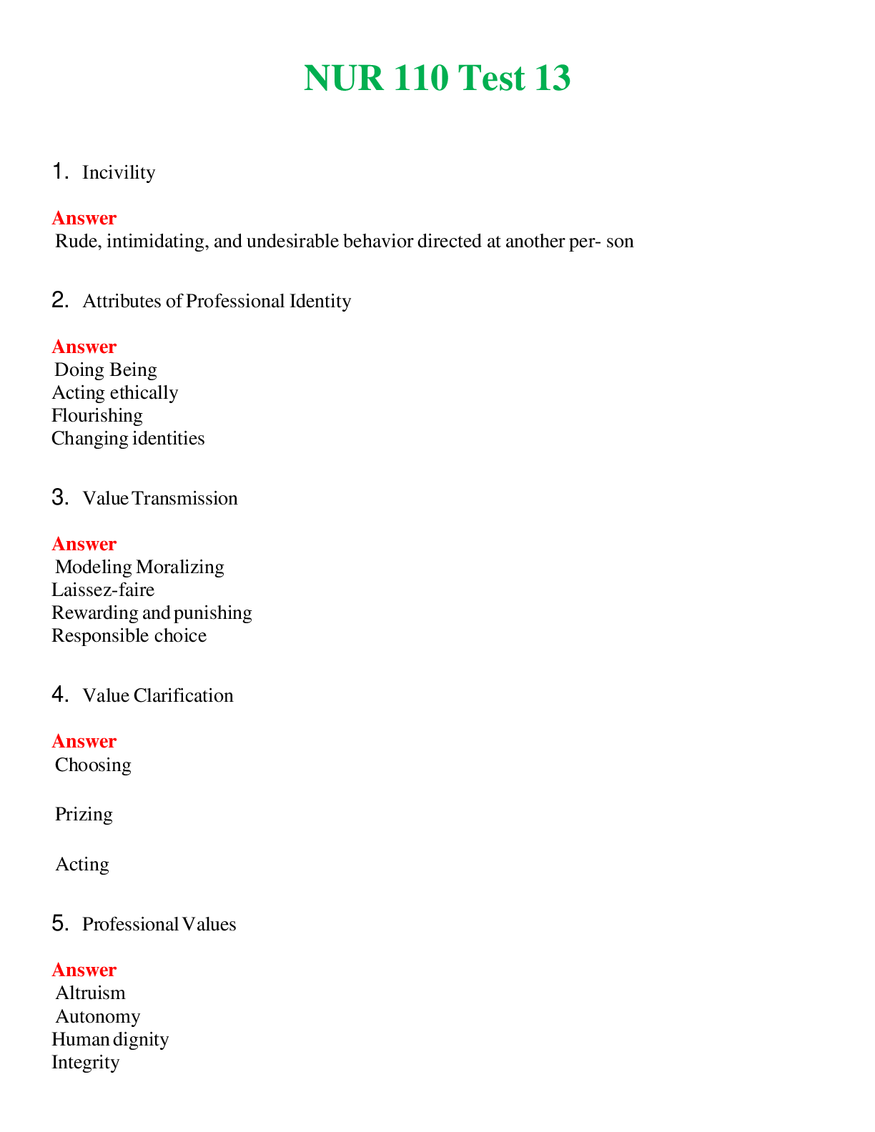 Recommended document preview for NUR 110   TEST 13 | COMPLETE ANSWERS 100% CORRECT
