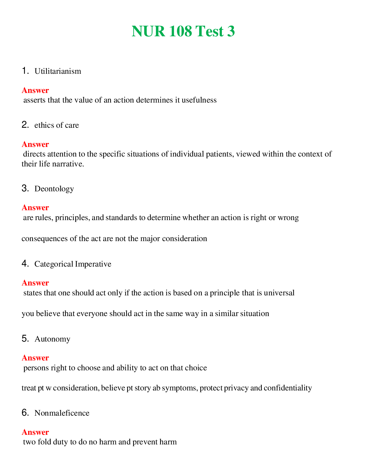 NUR 108   TEST 3 | QUESTIONS AND ANSWERS INCLUDED
