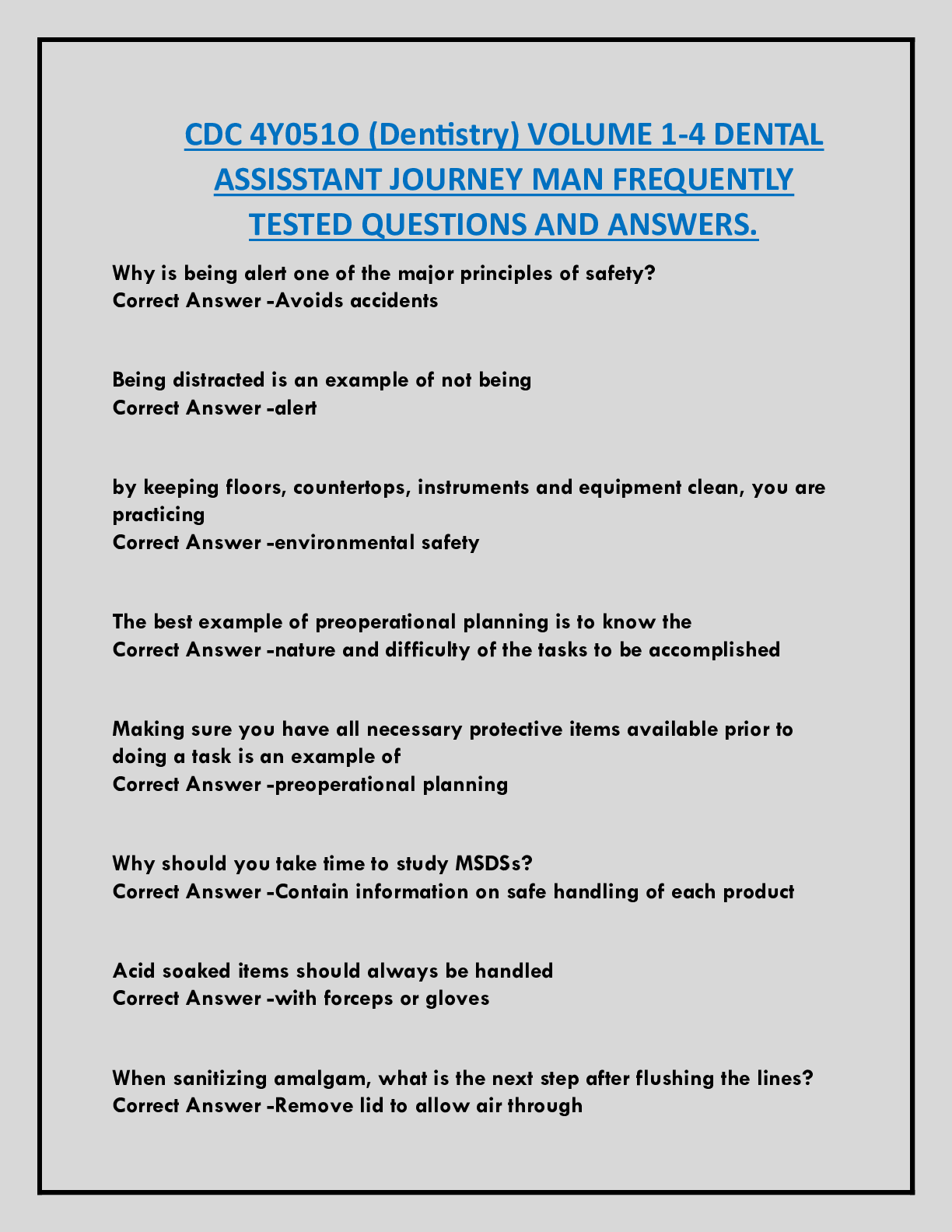 Preview image for CDC 4Y051O (Dentistry) VOLUME 1-4 DENTAL  ASSISSTANT JOURNEY MAN FREQUENTLY  TESTED QUESTIONS AND ANSWERS
