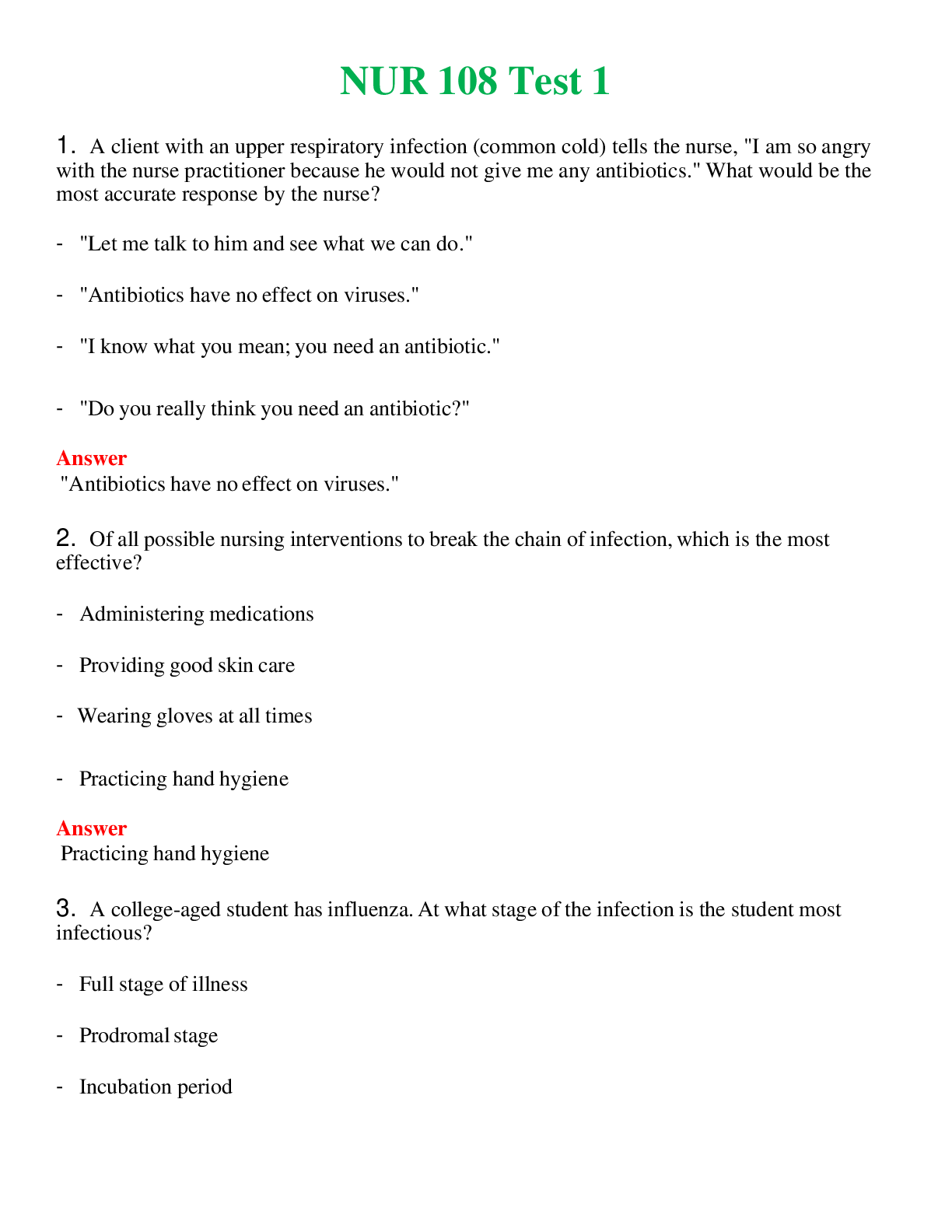 NUR 108   TEST 1 | ACTUAL QUESTIONS AND ANSWERS 100% CORRECT