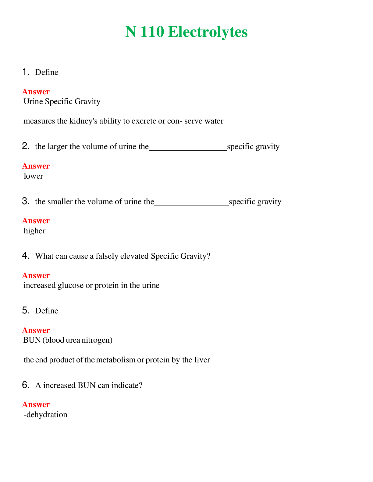 NUR 110   ELECTROLYTES | QUESTIONS AND ANSWERS INCLUDED
