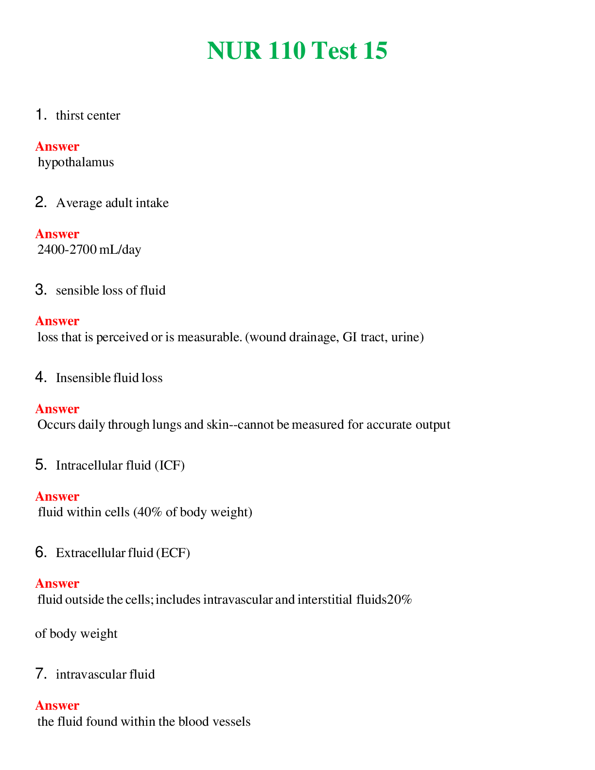 NUR 110   TEST 15 | QUESTIONS AND ANSWERS INCLUDED