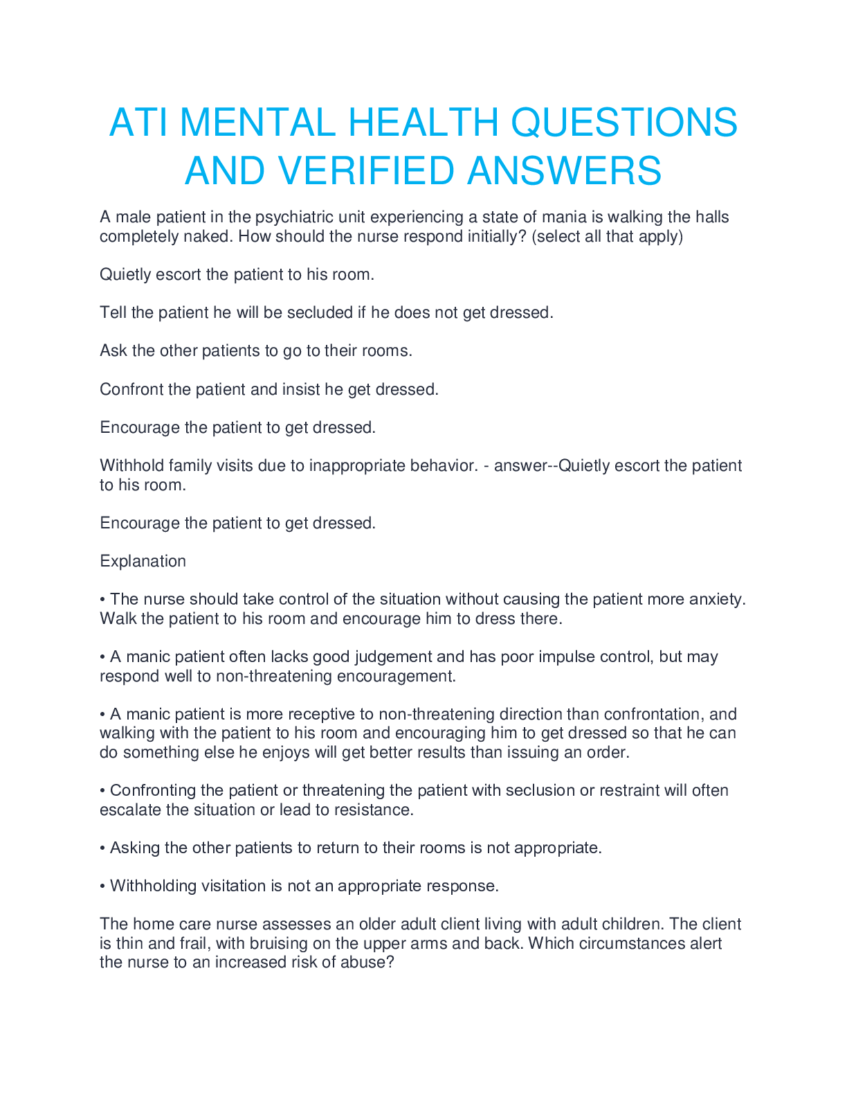 Preview of ATI MENTAL HEALTH QUESTIONS AND VERIFIED ANSWERS