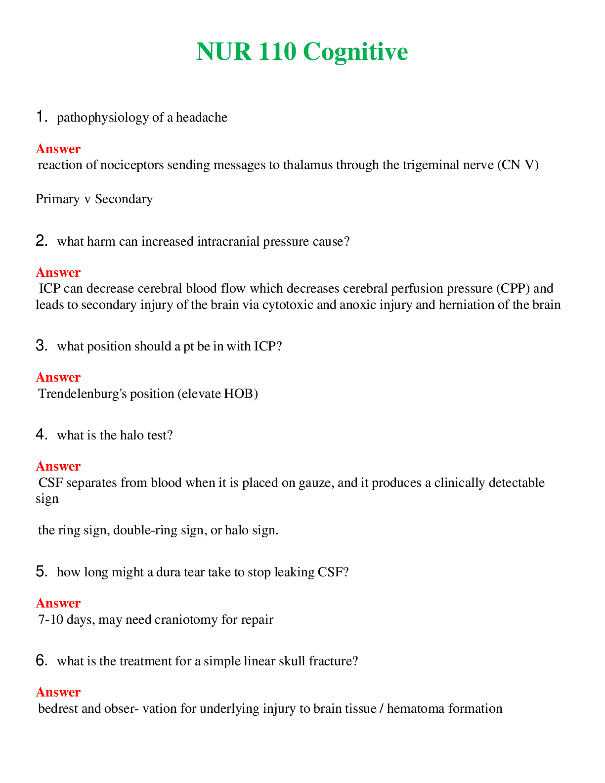 NUR 110   COGNITIVE | COMPLETE ANSWERS 100% CORRECT
