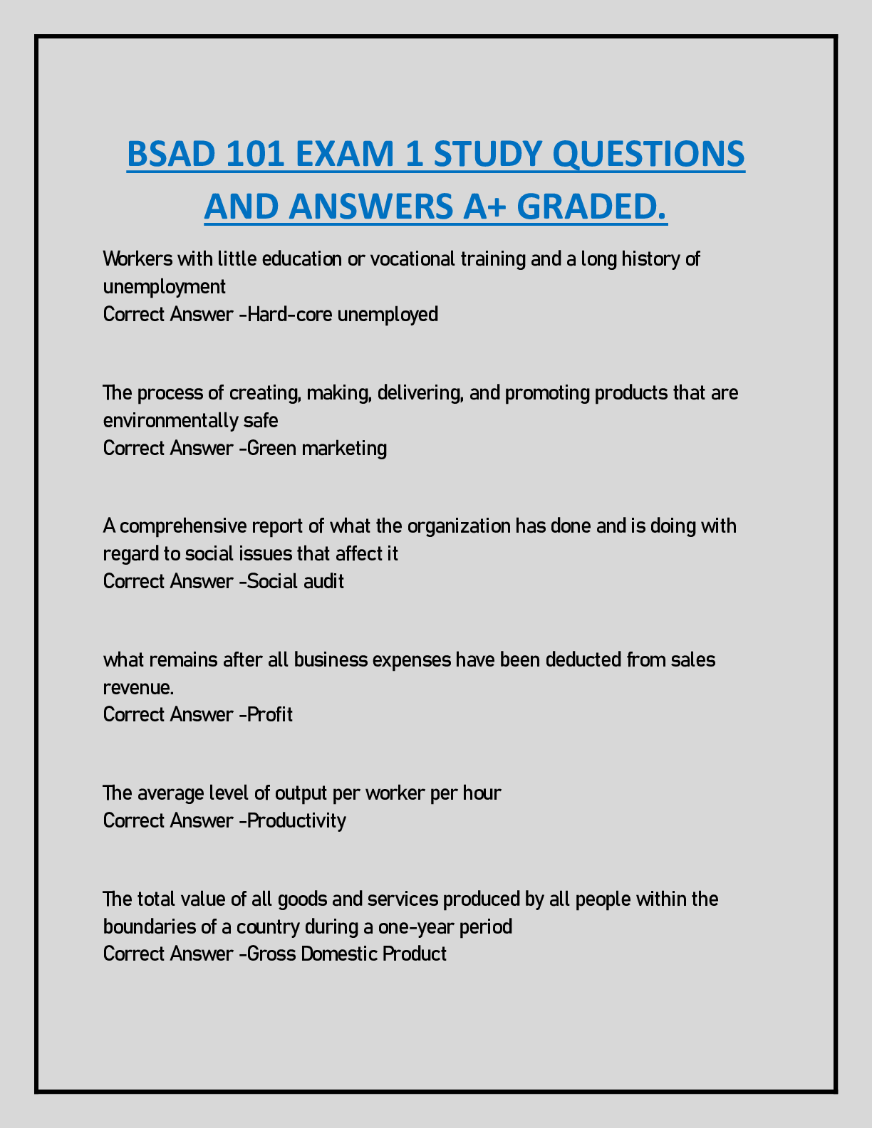 Preview image for BSAD 101 EXAM 1 STUDY QUESTIONS  AND ANSWERS A+ GRADED.