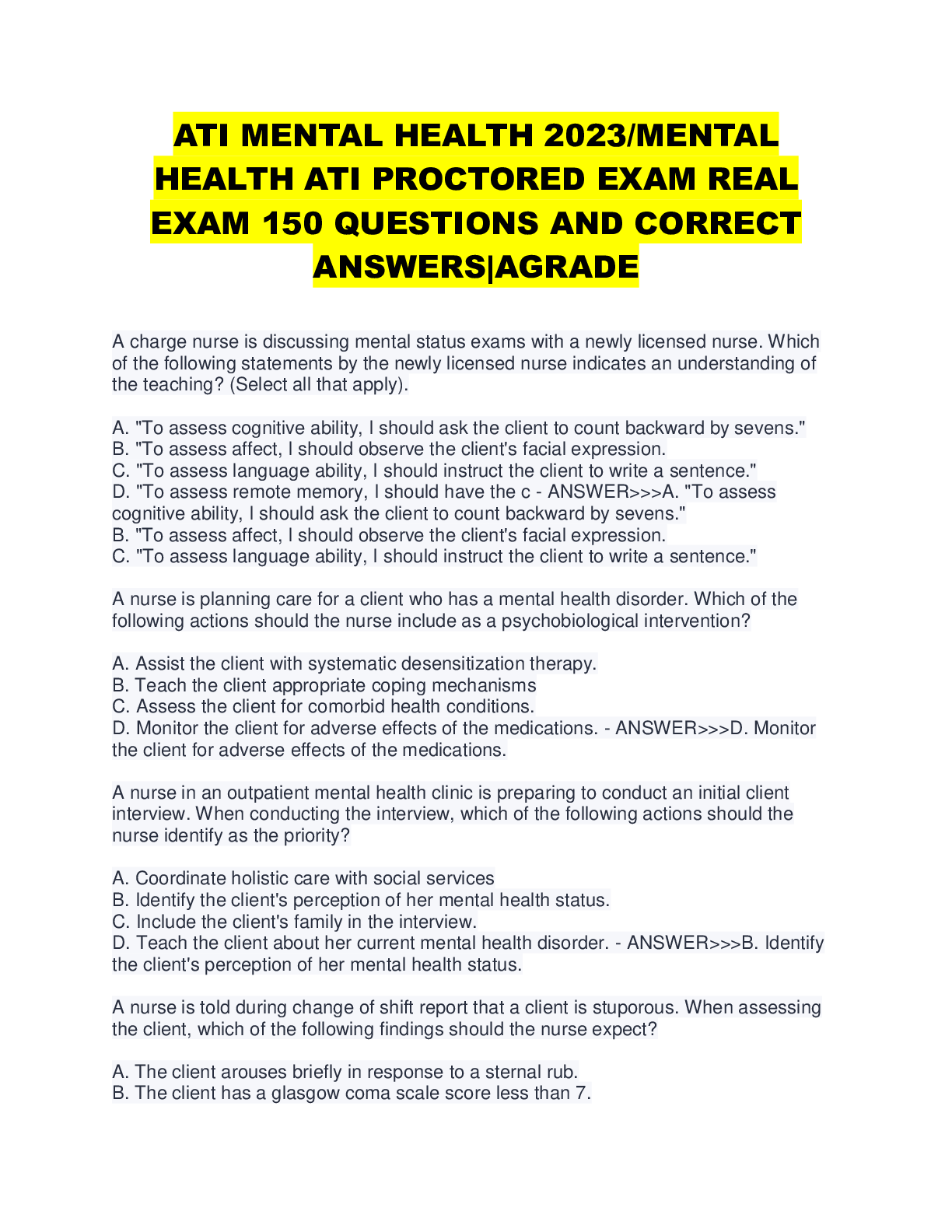 Recommended document preview for ATI MENTAL HEALTH 2023 MENTAL HEALTH ATI PROCTORED EXAM REAL EXAM 150 QUESTIONS AND CORRECT ANSWERSAGRADE