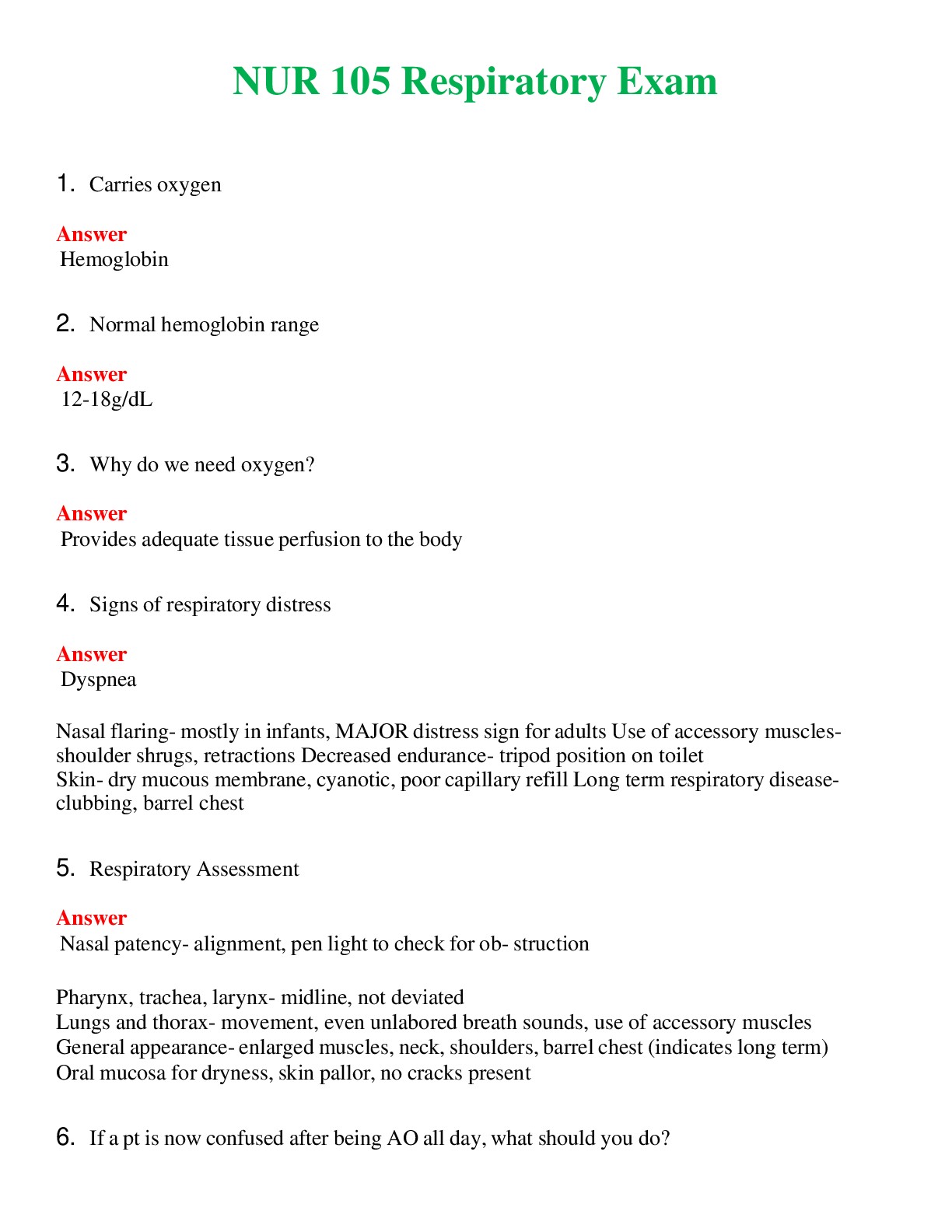 NUR 105   RESPIRATORY EXAM | COMPLETE ANSWERS 100% CORRECT