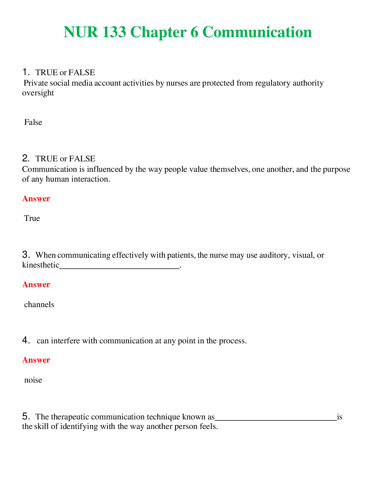NUR 133   CHAPTER 6 COMMUNICATION | COMPLETE ANSWERS 100% CORRECT