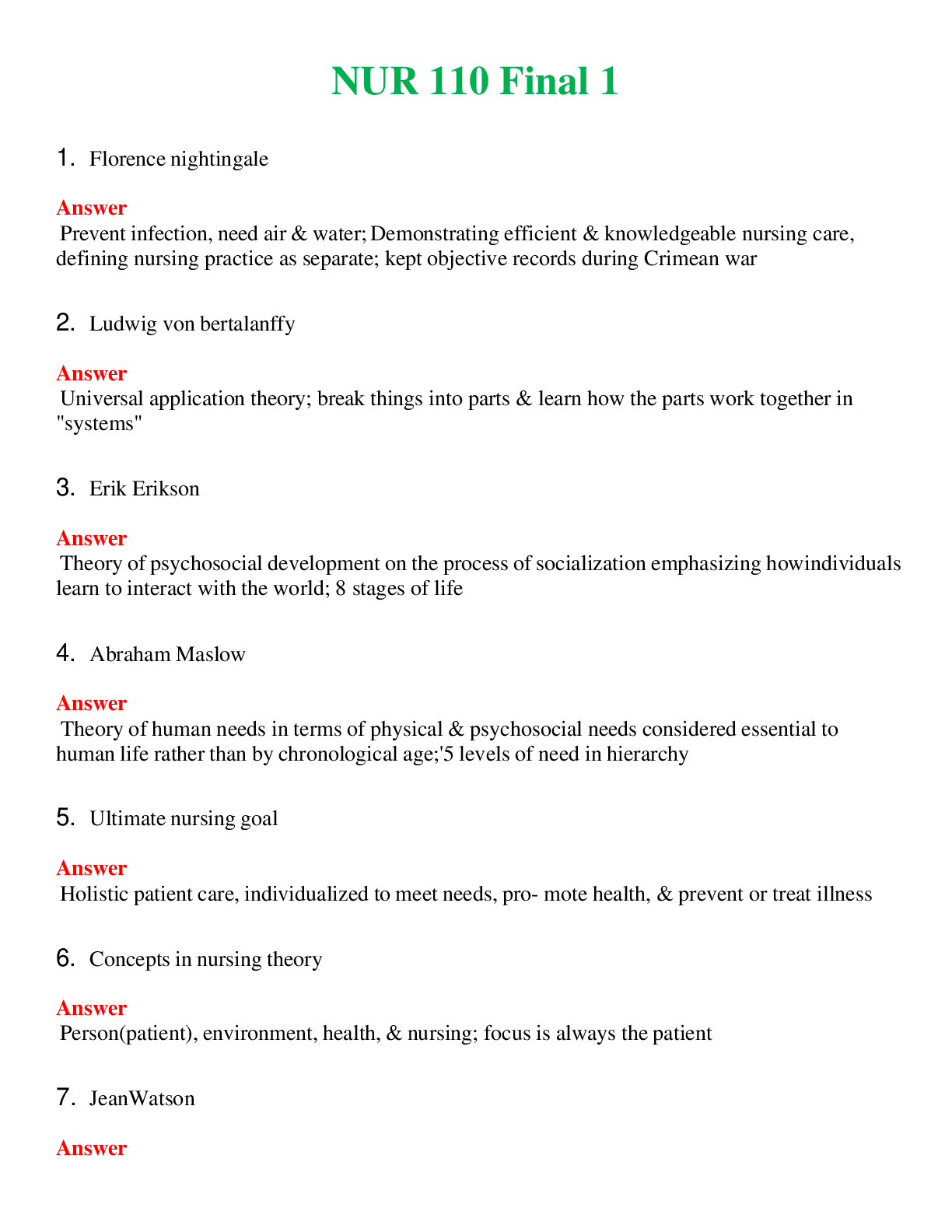 NUR 110   FINAL 1 | COMPLETE ANSWERS 100% CORRECT