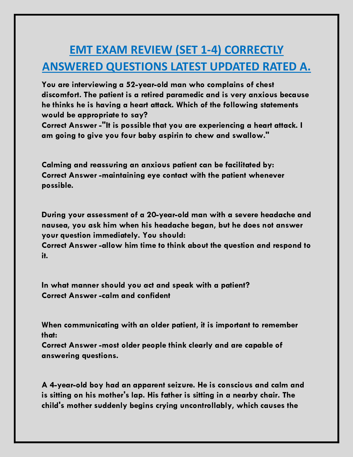 Preview of EMT EXAM REVIEW (SET 1-4) CORRECTLY  ANSWERED QUESTIONS LATEST UPDATED RATED A.