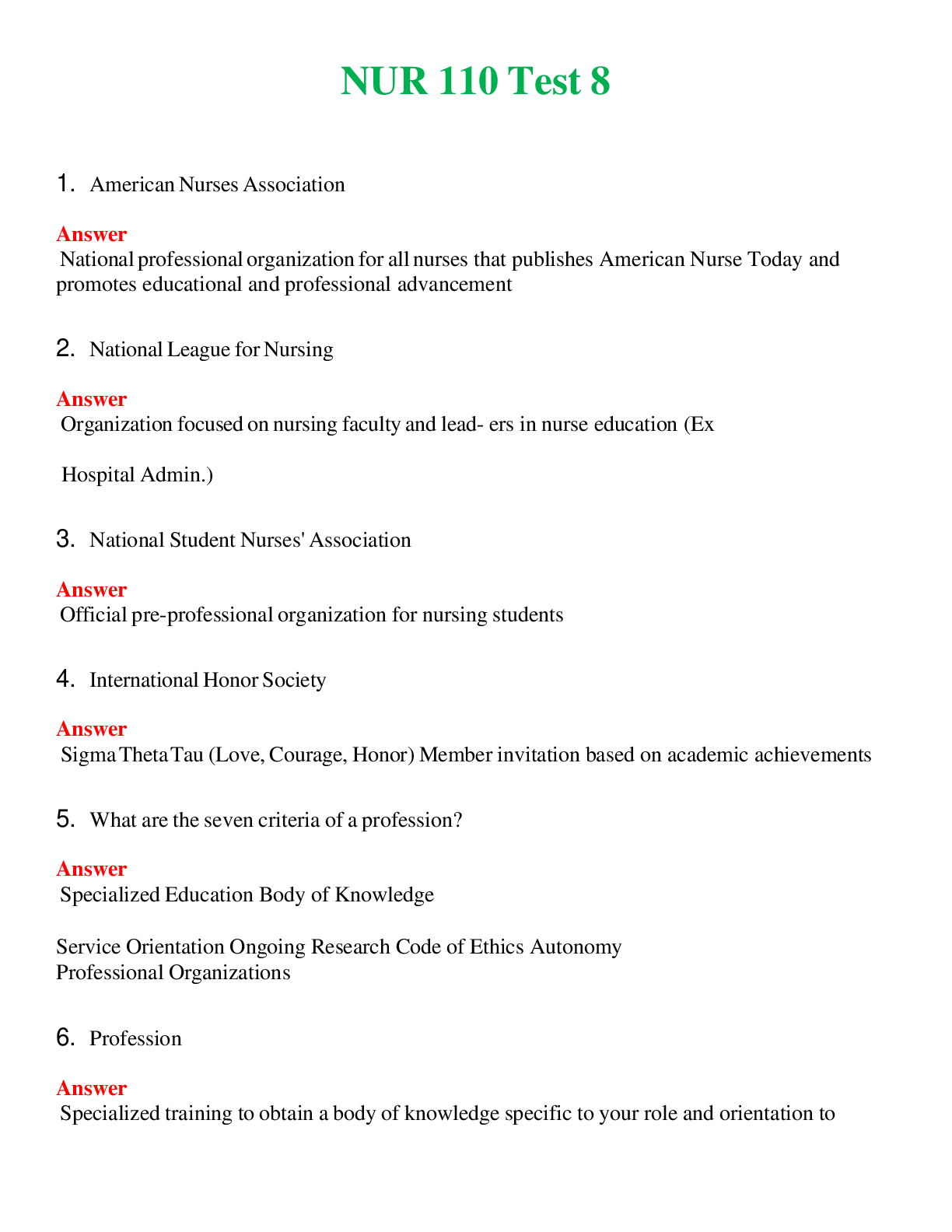 NUR 110   TEST 8 | ACTUAL QUESTIONS AND ANSWERS 100% CORRECT