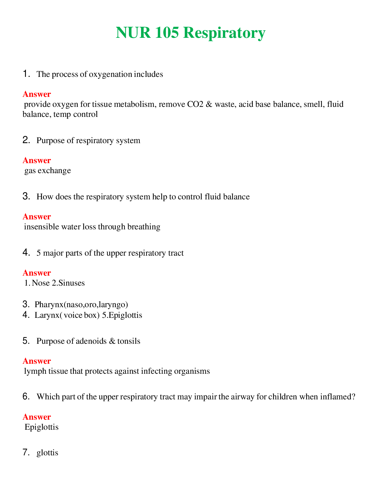 NUR 105   RESPIRATORY | COMPLETE QUESTIONS & ANSWERS (SOLVED) 100% CORRECT