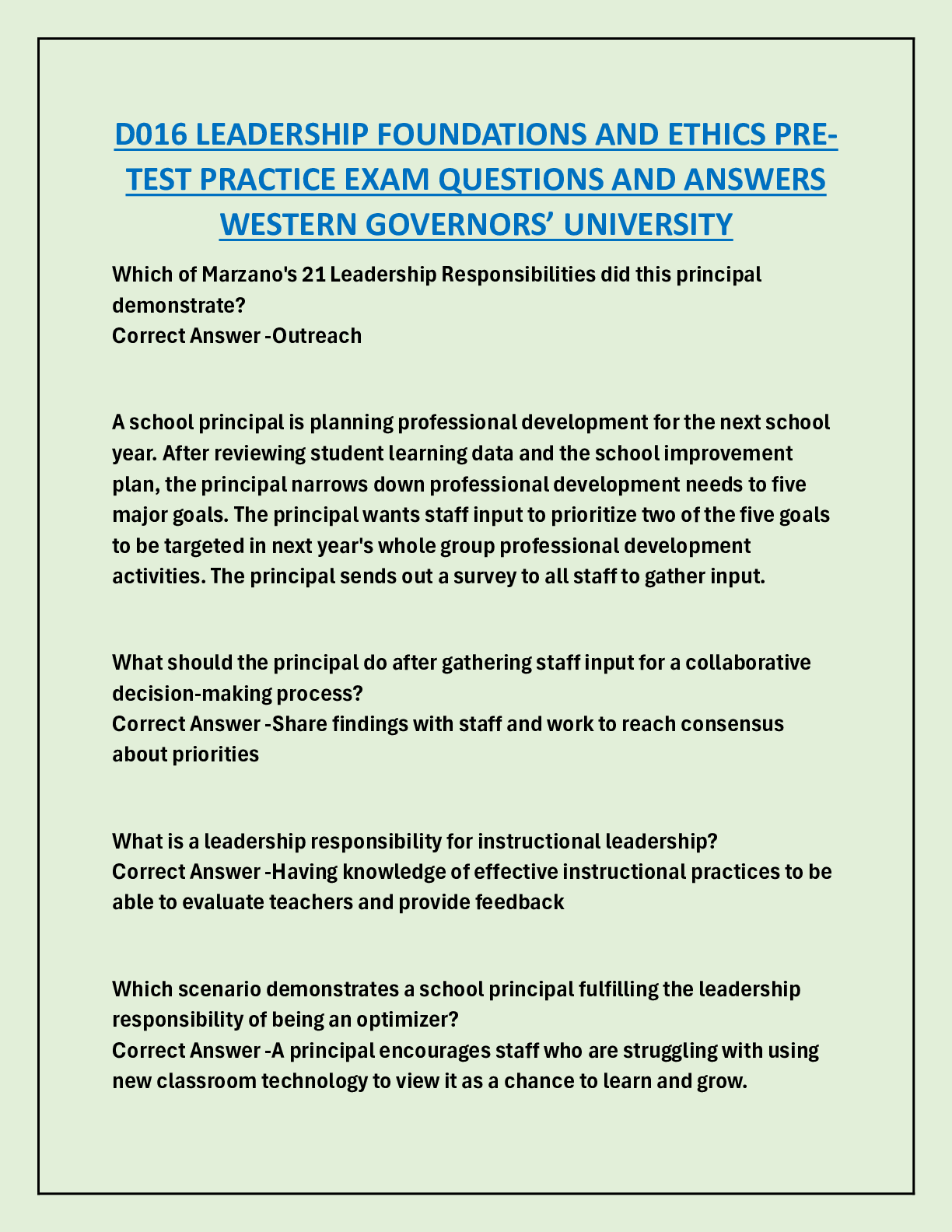 D016 LEADERSHIP FOUNDATIONS AND ETHICS PRETEST PRACTICE EXAM QUESTIONS AND ANSWERS  WESTERN GOVERNORS’ UNIVERSITY