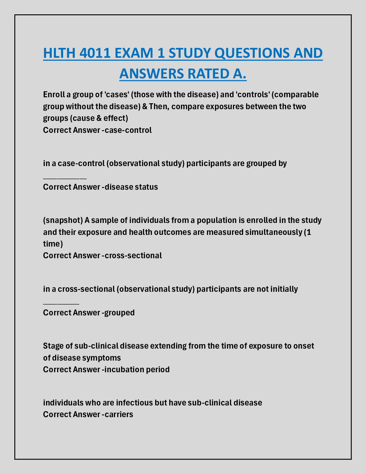 HLTH 4011 EXAM 1 STUDY QUESTIONS AND  ANSWERS RATED A