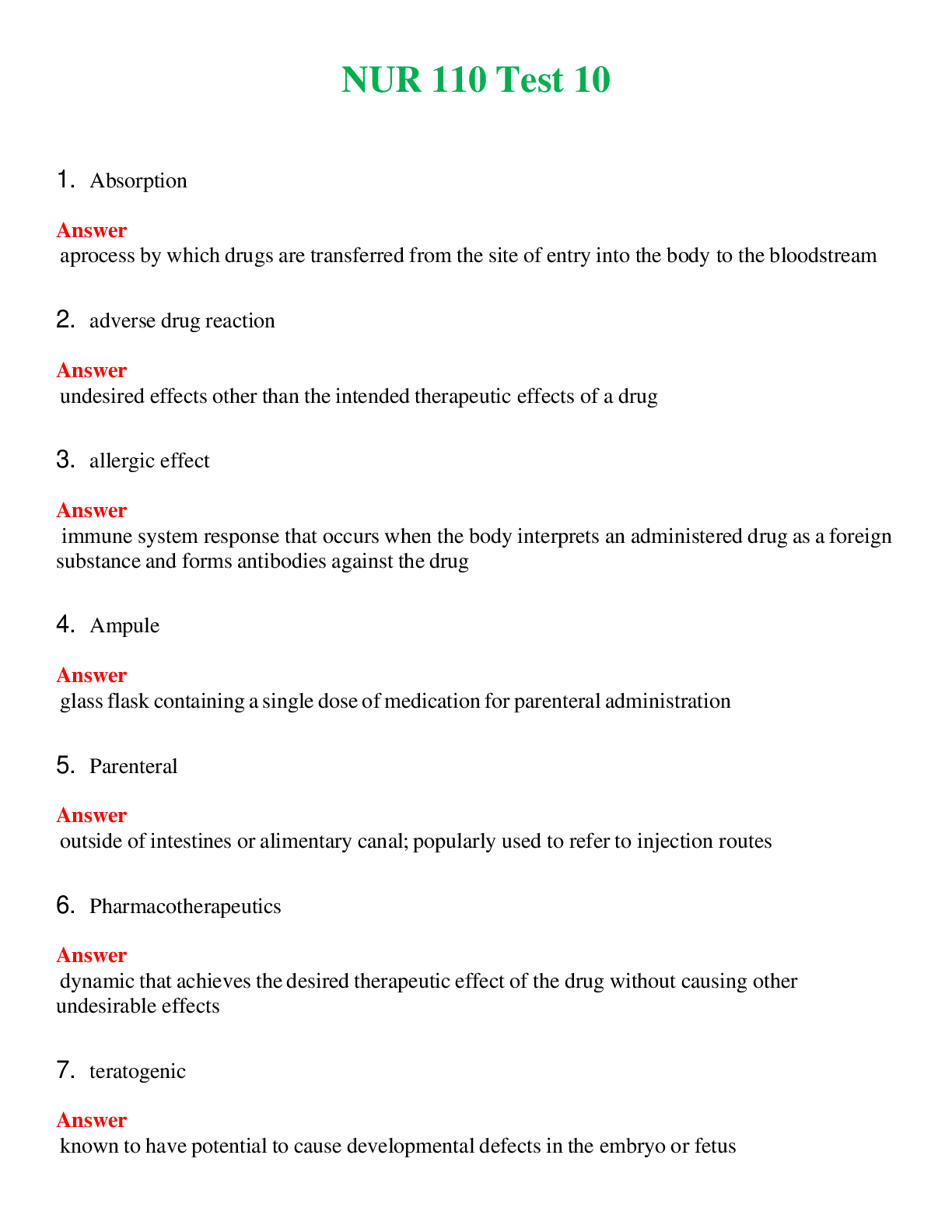 NUR 110   TEST 10 | QUESTIONS AND ANSWERS INCLUDED