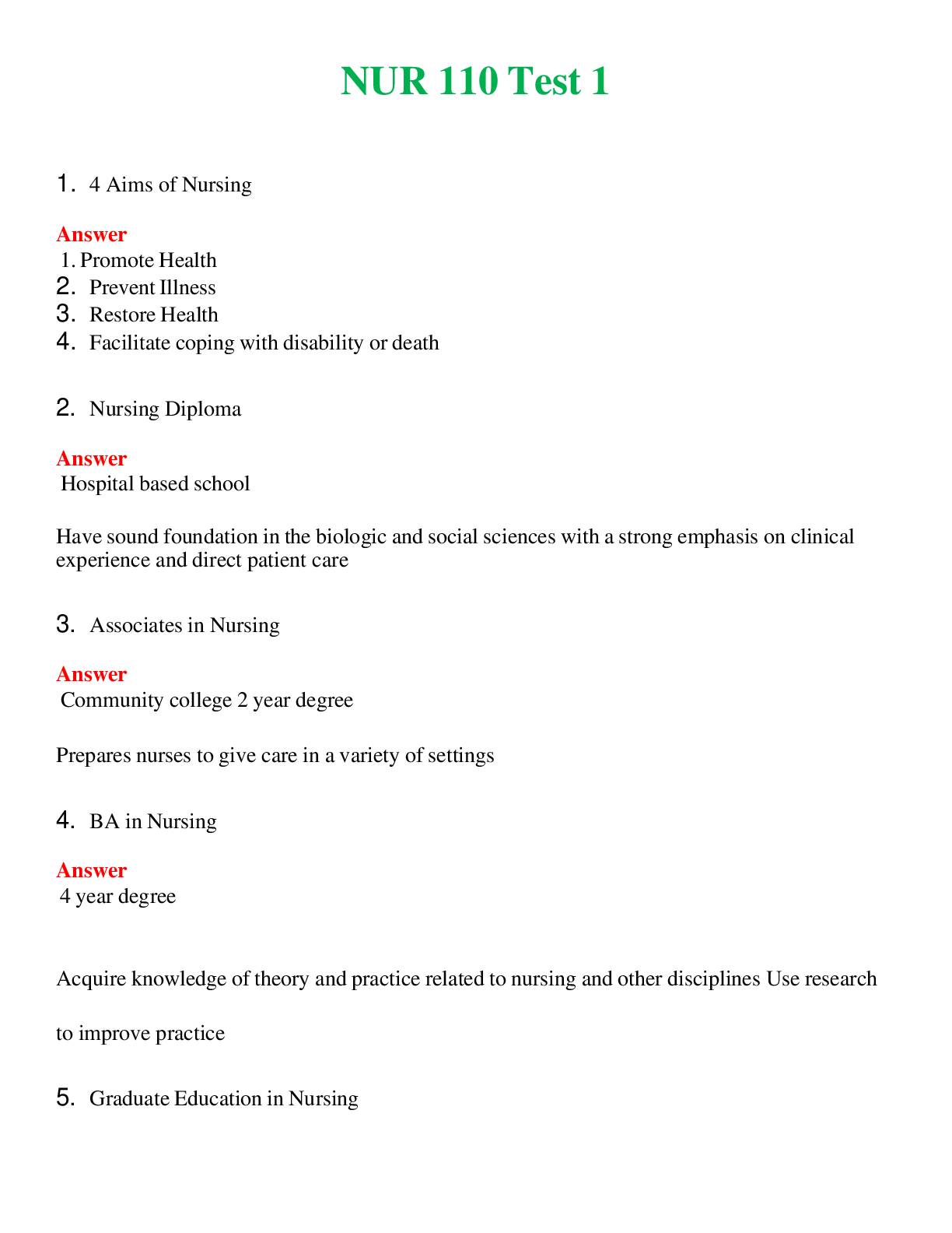 NUR 110   TEST 1 | (ACTUAL EXAM ) QUESTIONS AND ANSWERS (SOLVED)