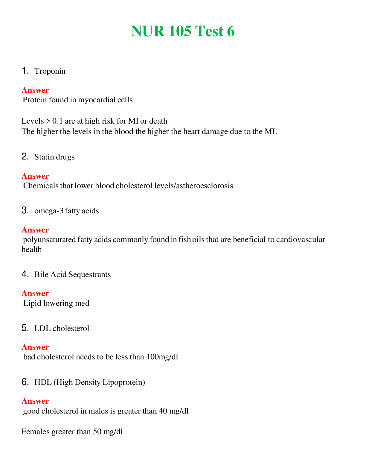 NUR 105   TEST 6 | NEW FULL QUESTIONS AND ANSWERS 100% CORRECT