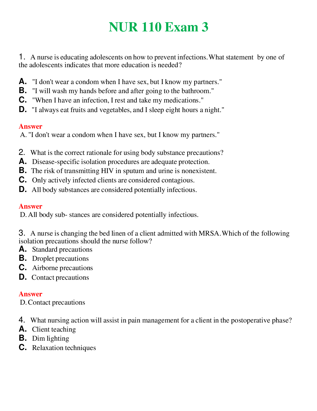 NUR 110   EXAM 3 | ACTUAL QUESTIONS AND ANSWERS 100% CORRECT