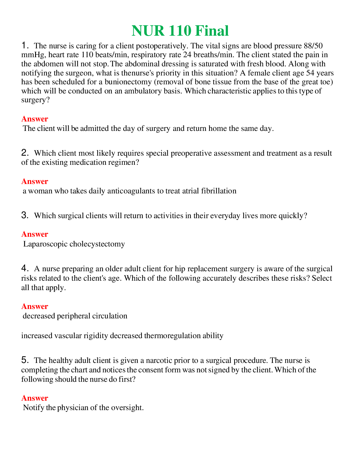 NUR 110   FINAL | A SOLVED 100% CORRECT