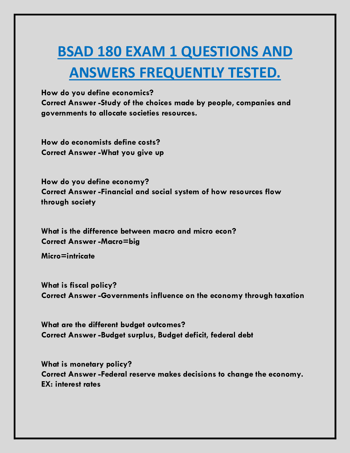Preview image for BSAD 180 EXAM 1 QUESTIONS AND  ANSWERS FREQUENTLY TESTED.