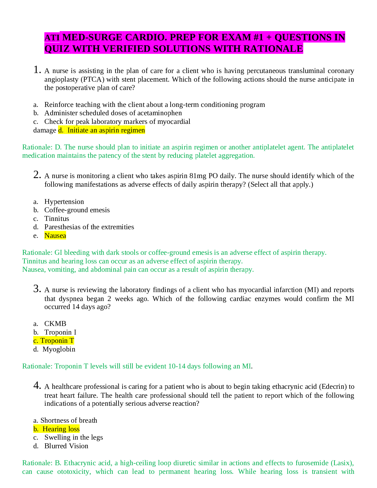Preview image for ATI MED-SURGE CARDIO. PREP FOR EXAM #1 + QUESTIONS IN QUIZ WITH VERIFIED SOLUTIONS WITH RATIONALE