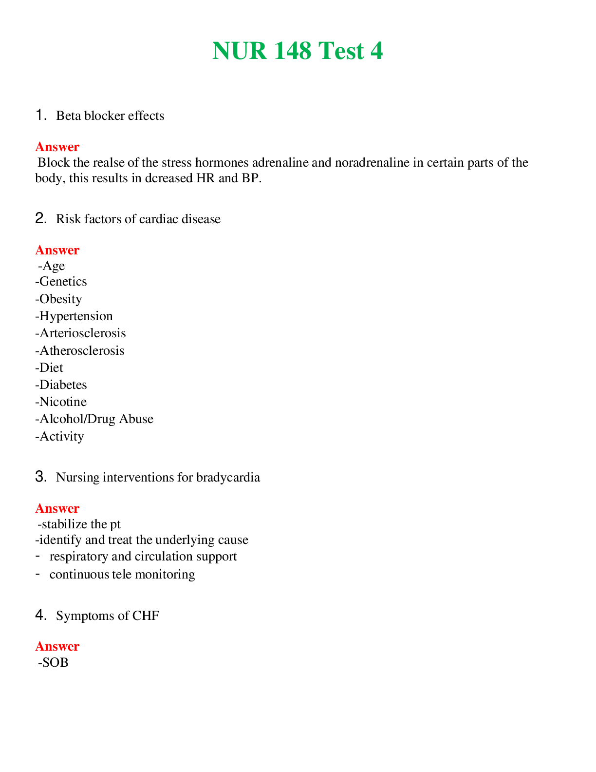 NUR 148   TEST 4 | QUESTIONS & ANSWERS (SOLVED)