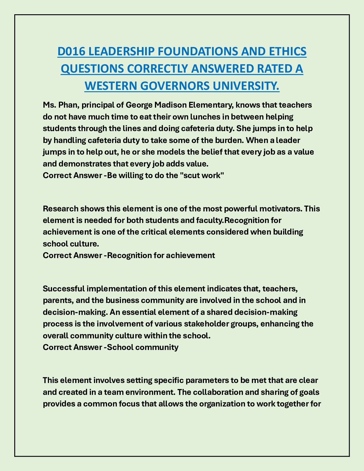 Preview image for D016 LEADERSHIP FOUNDATIONS AND ETHICS QUESTIONS CORRECTLY ANSWERED RATED A WESTERN GOVERNORS UNIVERSITY