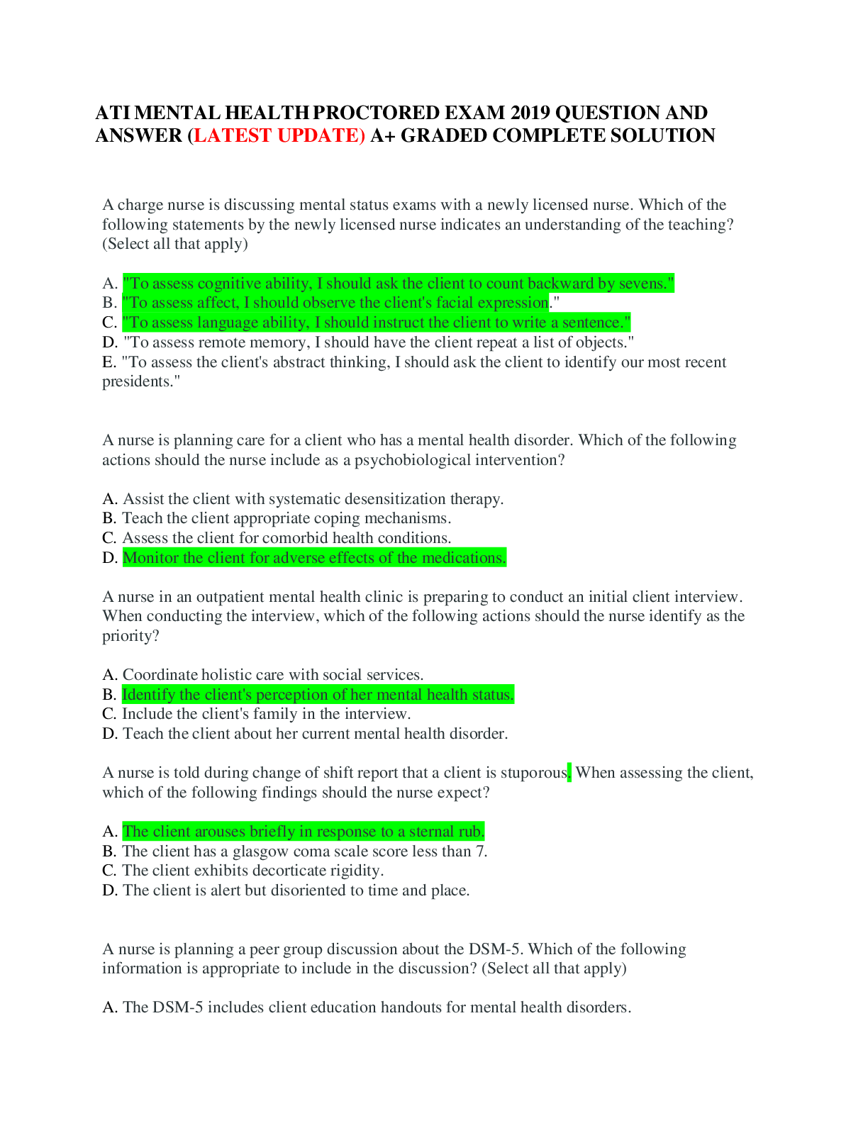 Preview image for ATI MENTAL HEALTH PROCTORED EXAM 2019 QUESTION AND ANSWER (LATEST UPDATE) A+ GRADED COMPLETE SOLUTION