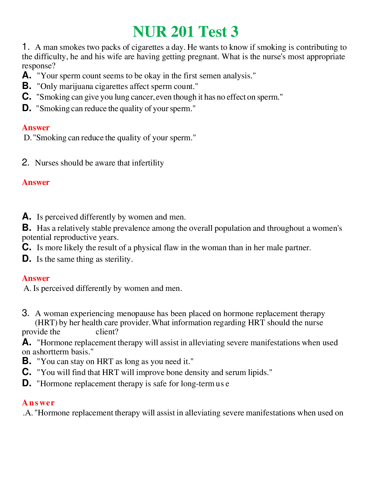 NUR 201   TEST 3 | QUESTIONS AND ANSWERS INCLUDED