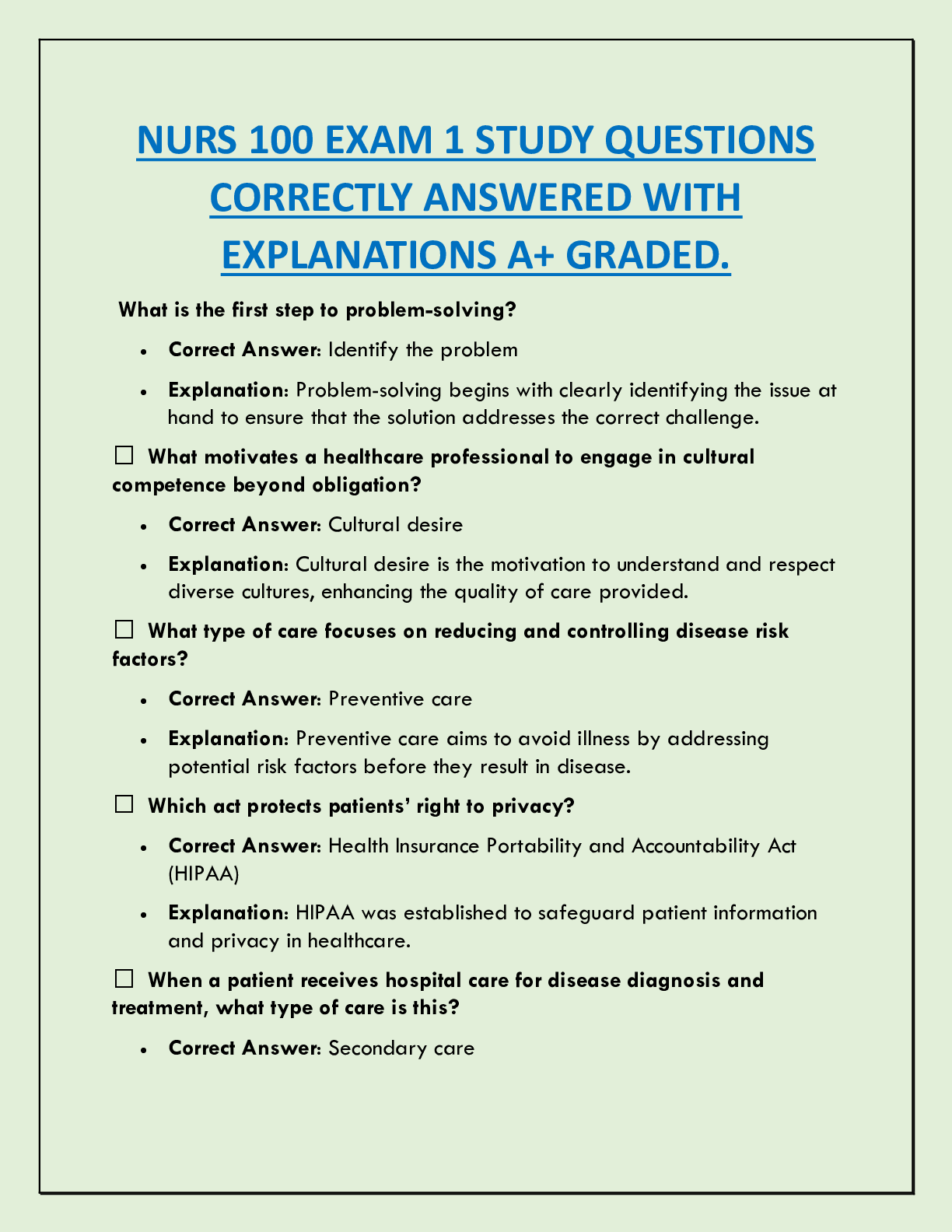 Preview image for URS 100 EXAM 1 STUDY QUESTIONS  CORRECTLY ANSWERED WITH  EXPLANATIONS A+ GRADED.