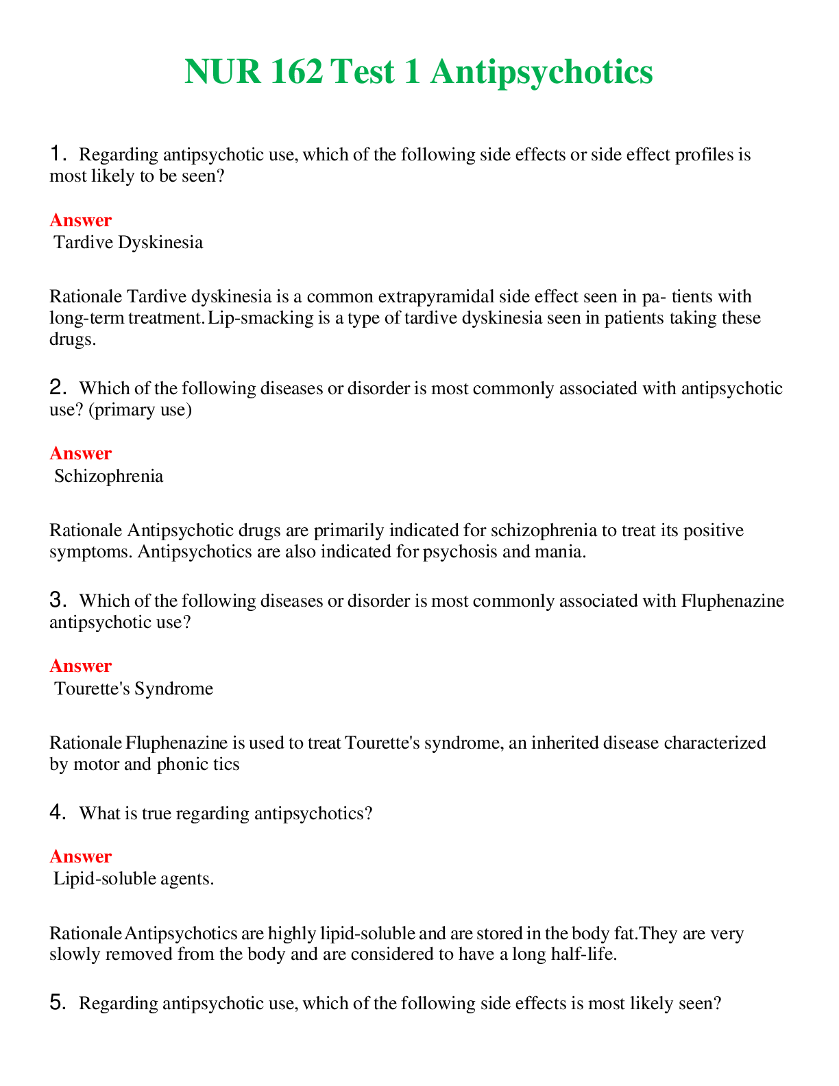 NUR 162   TEST 1 ANTIPSYCHOTICS | COMPLETE ANSWERS 100% CORRECT