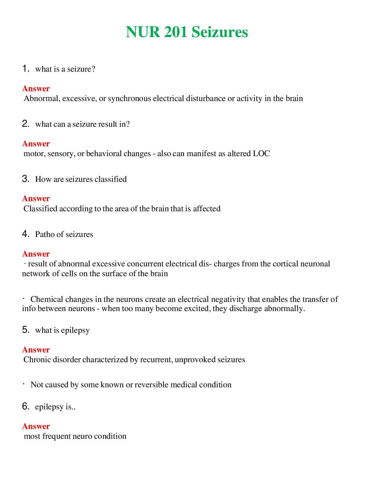 NUR 201   SEIZURES | ACTUAL QUESTIONS AND ANSWERS 100% CORRECT