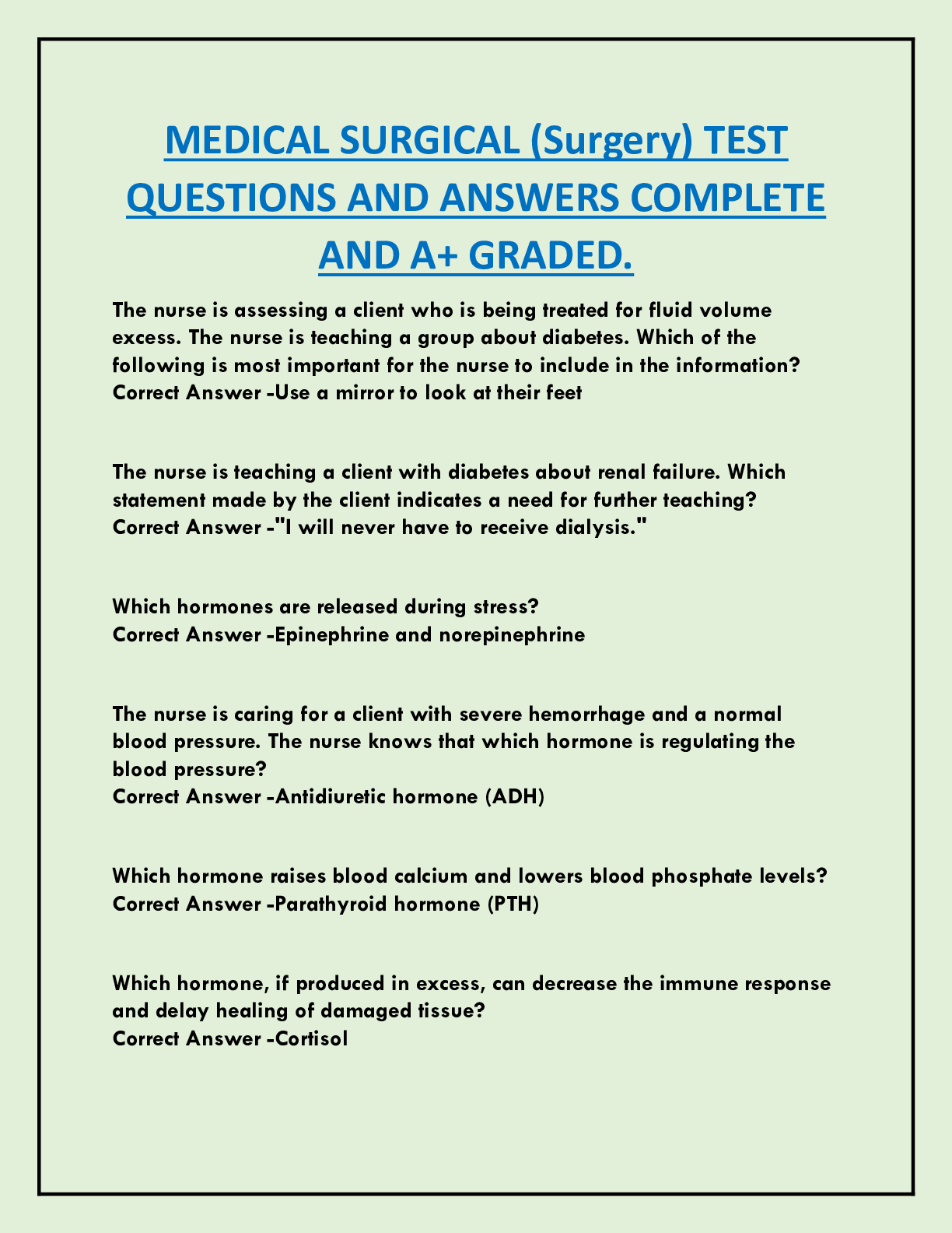 Preview image for MEDICAL SURGICAL (Surgery) TEST  QUESTIONS AND ANSWERS COMPLETE  AND A+ GRADED.