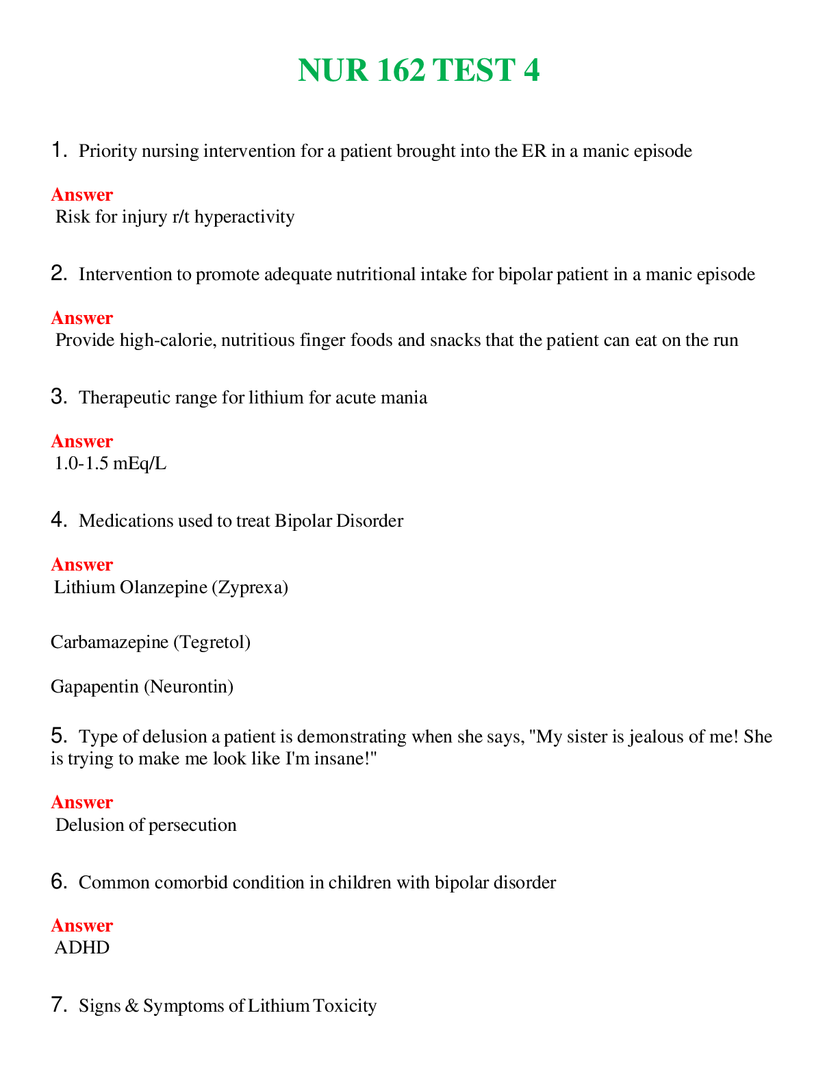 NUR 162   TEST 4 | ACTUAL QUESTIONS AND ANSWERS 100% CORRECT