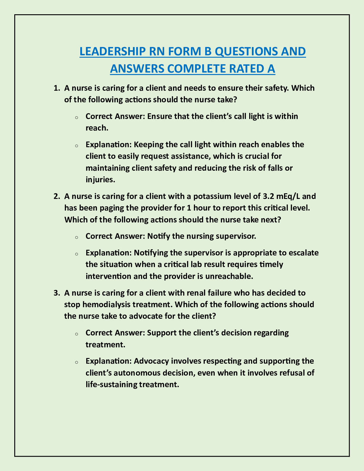 Preview image for LEADERSHIP RN FORM B QUESTIONS AND  ANSWERS COMPLETE RATED A