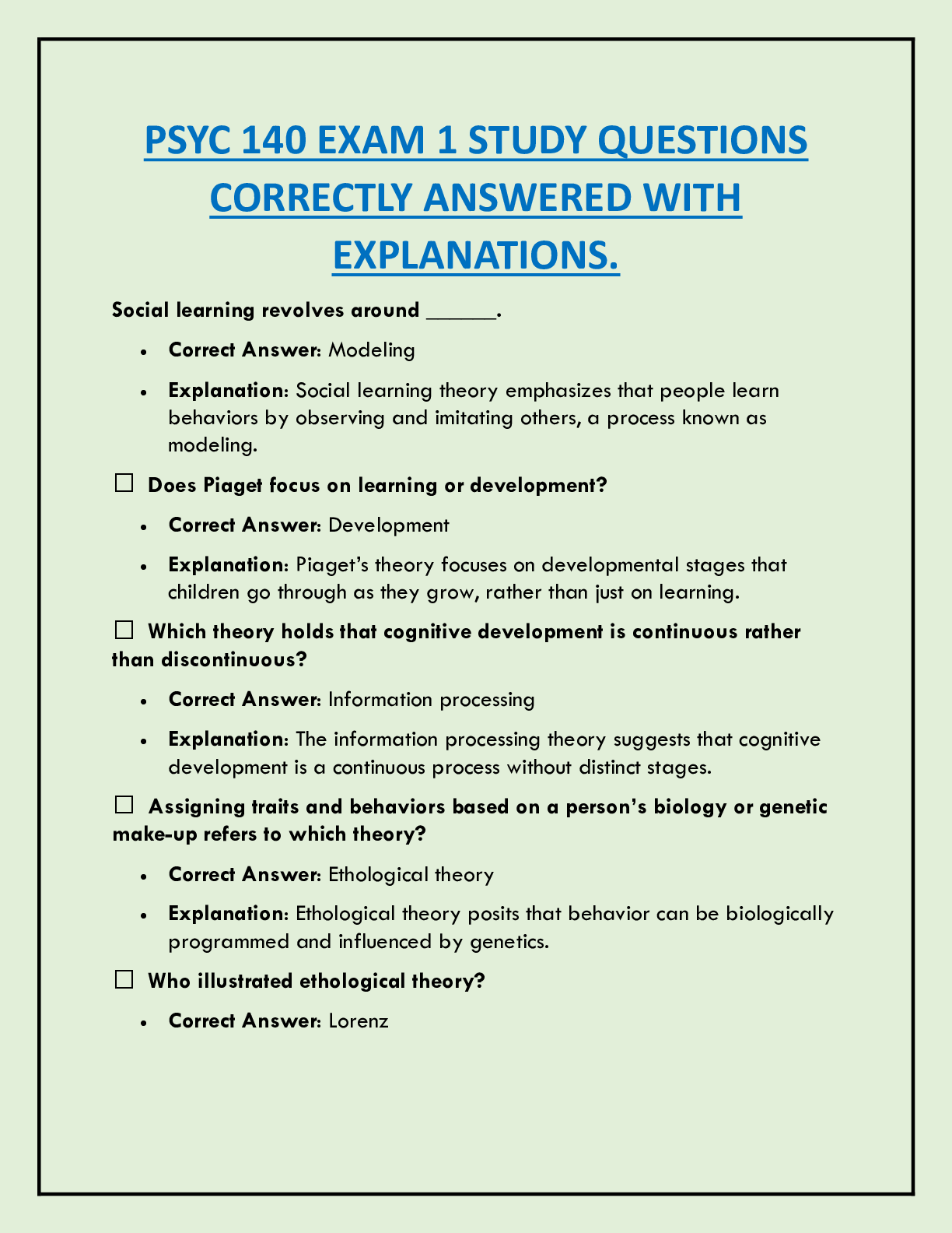 Preview image for PSYC 140 EXAM 1 STUDY QUESTIONS  CORRECTLY ANSWERED WITH  EXPLANATIONS.