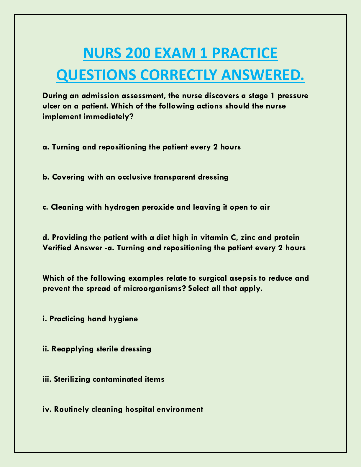 Preview image for NURS 200 EXAM 1 PRACTICE  QUESTIONS CORRECTLY ANSWERED